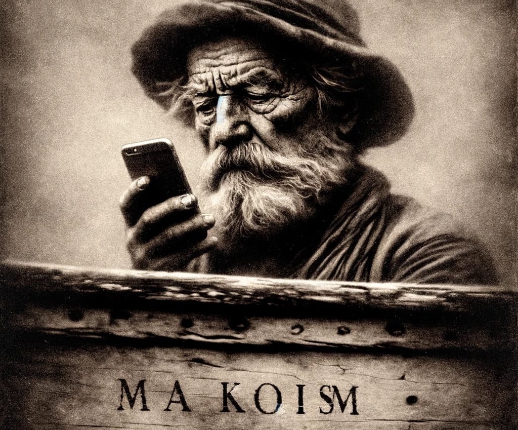 A grainy, sepia-toned photo depicting a weathered but wise sea captain. He is staring intently at his cellphone