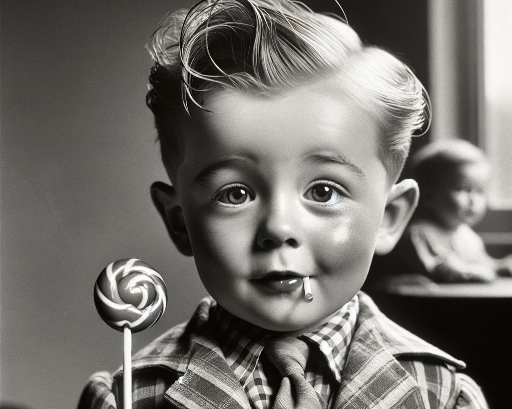 A black and white photograph in the style of the 1940s, showing a young boy with a lollipop stuck to the side of his face. 