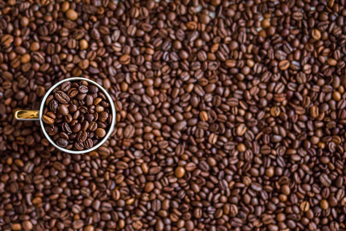 a background of coffee beans, with a cup filled with beans.